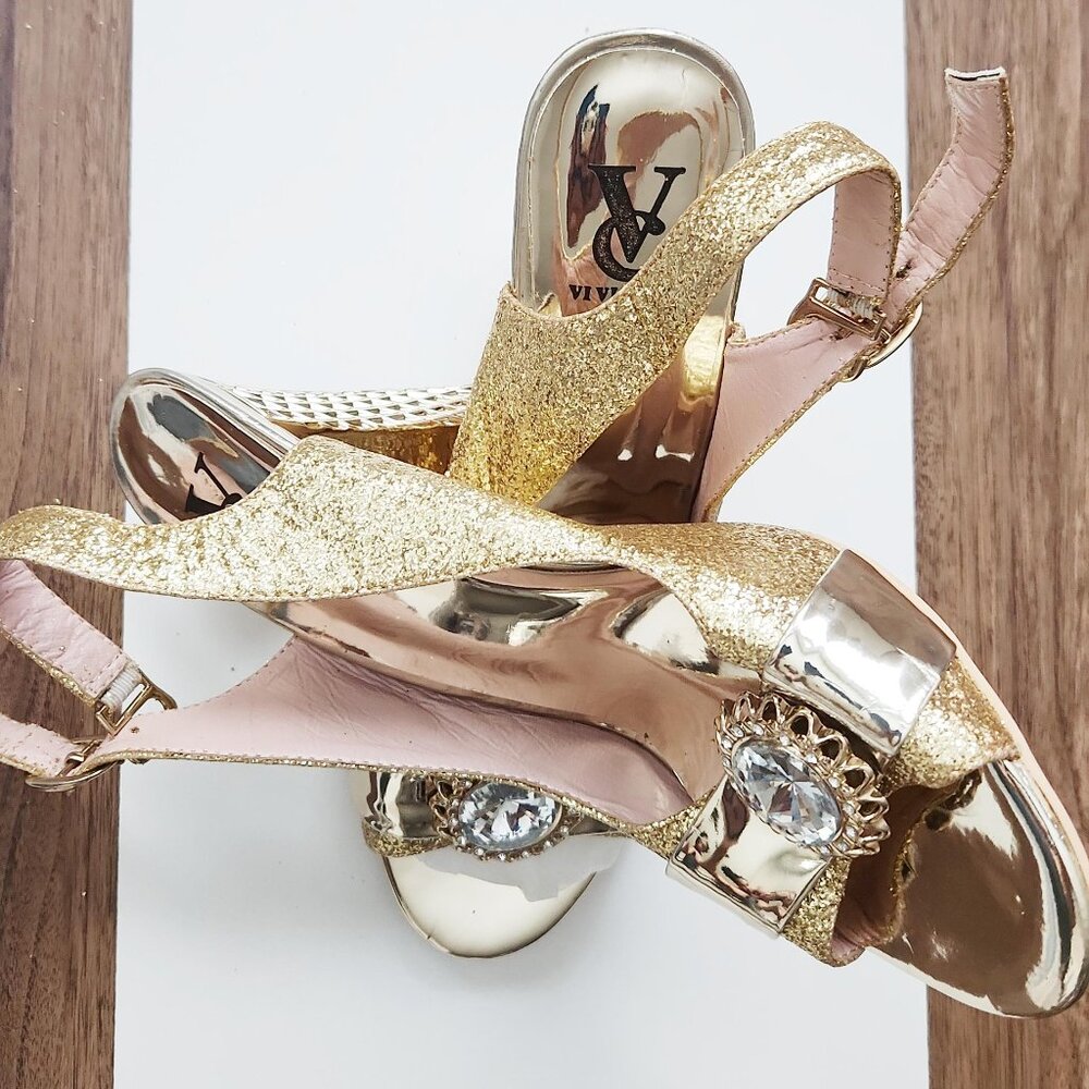 3 inch heel Gold colored open toe sandals